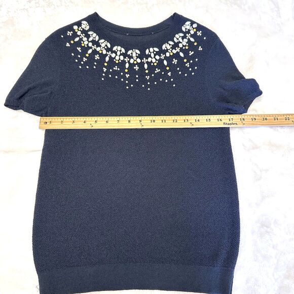 Tori Burch Women's Navy Embellished Short Sleeve Stretchy Sweater Top Sz L - Picture 10 of 13